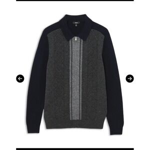 REISS Men Tennant Cardigan Wool Color Block Zip Up Sweater Navy Grey L